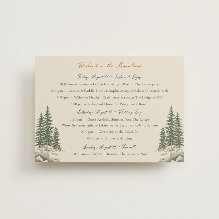 "Whispering Pines" - Wedding Weekend Itinerary Cards in Forest by Elly - Front