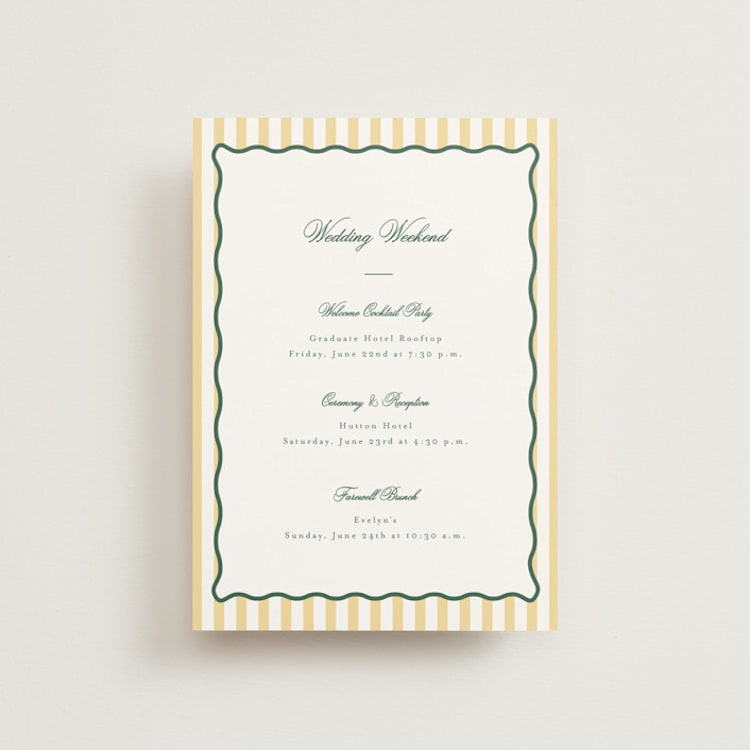 "Curved Frame" - Wedding Weekend Itinerary Cards in Citrine by Emily Betts - Front