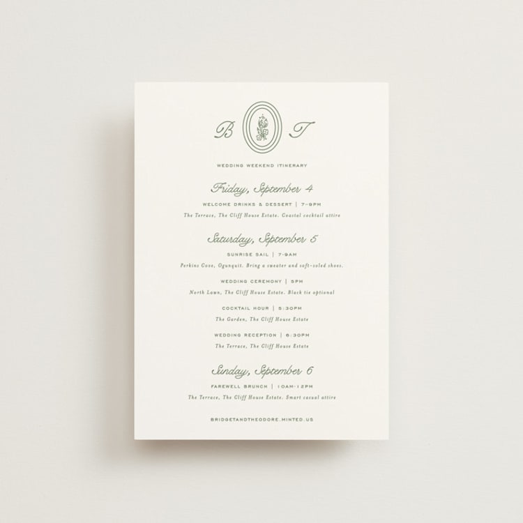 "Court" - Wedding Weekend Itinerary Cards in Leaf by Kate Ahn - Front