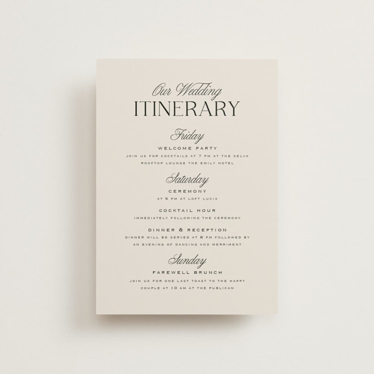 "Galleria" - Wedding Weekend Itinerary Cards in Onyx by Laura Hankins - Front