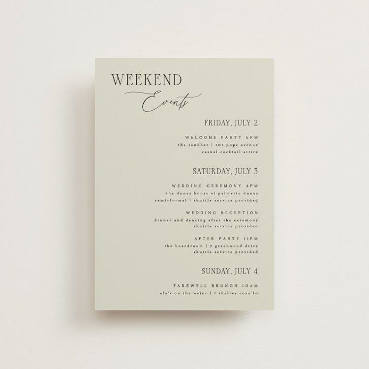 "Scripted Initials" - Wedding Weekend Itinerary Cards in Spring by Kelly Schmidt - Front