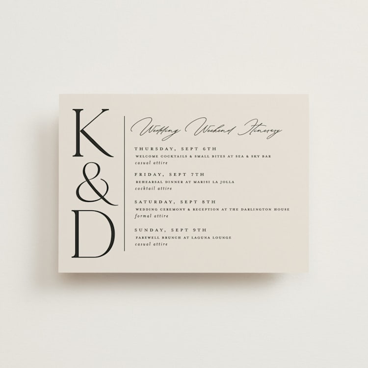 "Modern Monogram" - Wedding Weekend Itinerary Cards in Ecru by Erica Krystek - Front