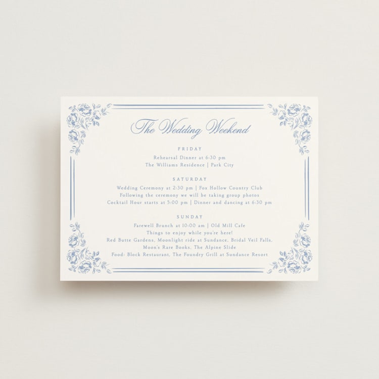 "Constance" - Wedding Weekend Itinerary Cards in Sky by Robert and Stella - Front