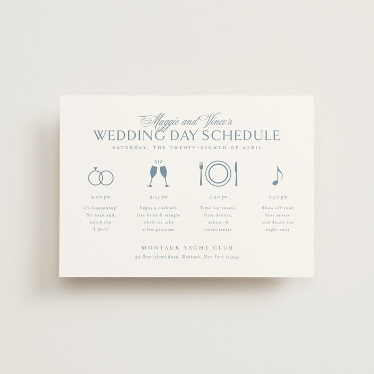 "Coastal Charm" - Wedding Weekend Itinerary Cards in Dusty Blue by Jennifer Postorino - Front