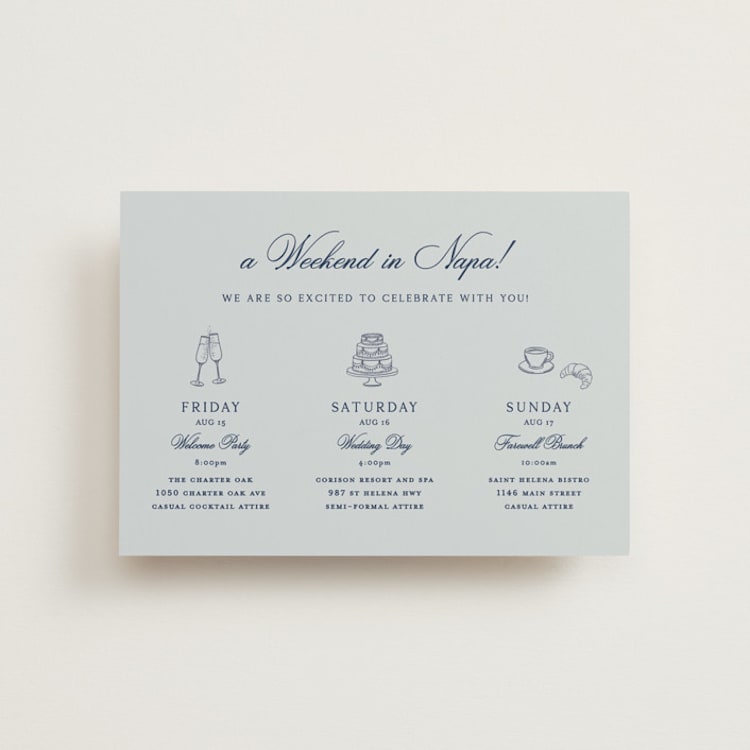 "Landscape Script" - Wedding Weekend Itinerary Cards in Sky by Kelly Schmidt - Front