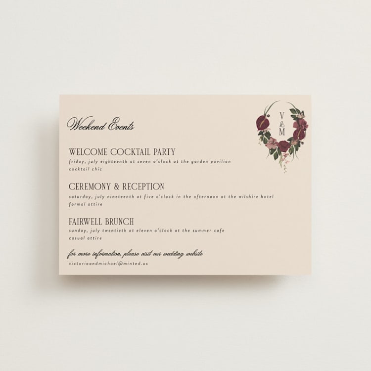 "Romantics" - Wedding Weekend Itinerary Cards in Merlota by Susan Moyal - Front