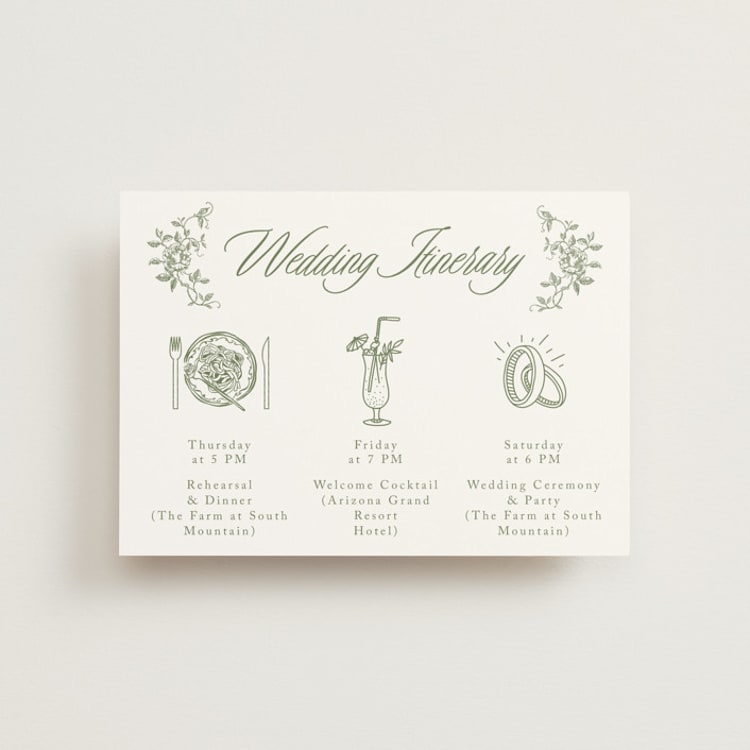 "Vintage Garden" - Wedding Weekend Itinerary Cards in Forest by Sherley Ferreira - Front