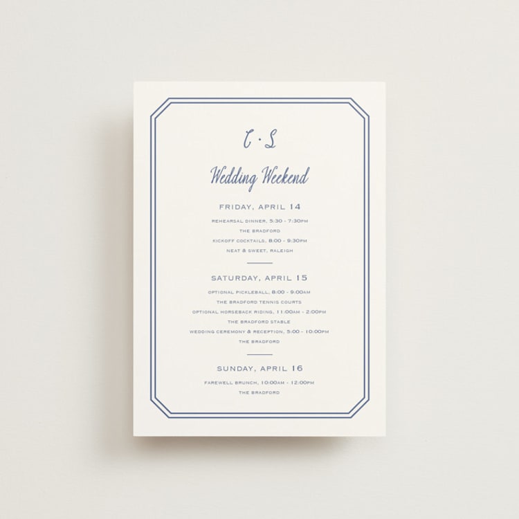 "Deluxe" - Wedding Weekend Itinerary Cards in Blueberry by Carolyn MacLaren - Front