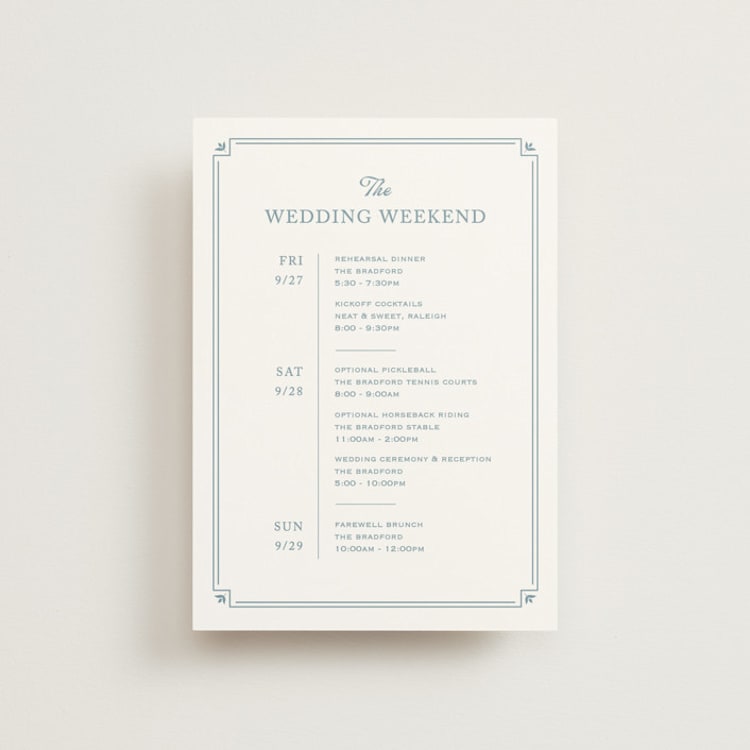 "Fleur Corner" - Wedding Weekend Itinerary Cards in French Blue by Carolyn MacLaren - Front