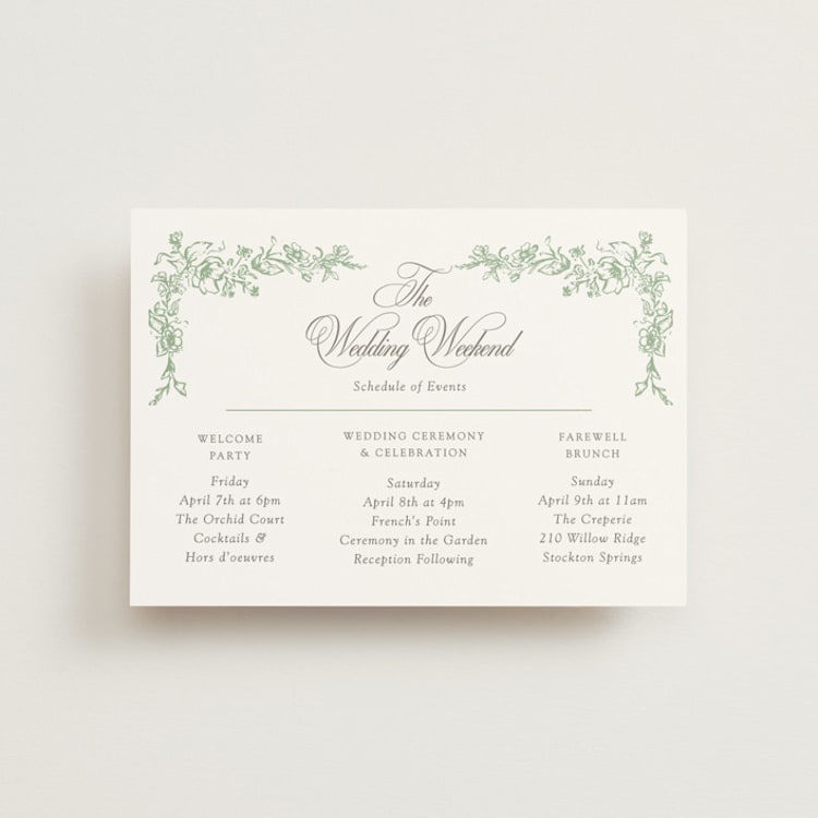"Romantic Garden" - Wedding Weekend Itinerary Cards in Mint by Melinda Denison - Front