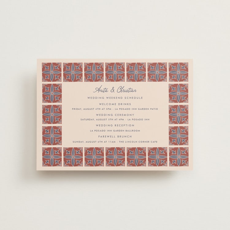 "Block Print Tile" - Wedding Weekend Itinerary Cards in Terracotta by Katharine Watson - Front