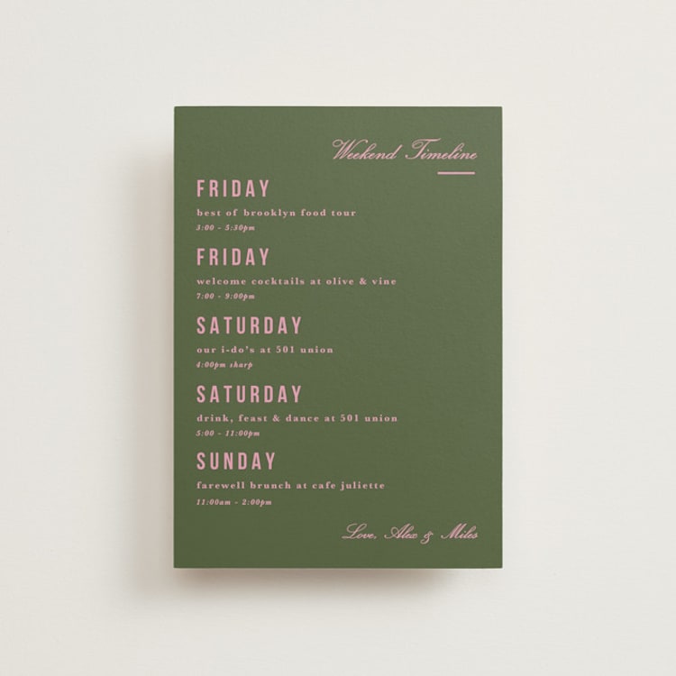 "Bowery" - Wedding Weekend Itinerary Cards in Olive by Kristie Kern - Front