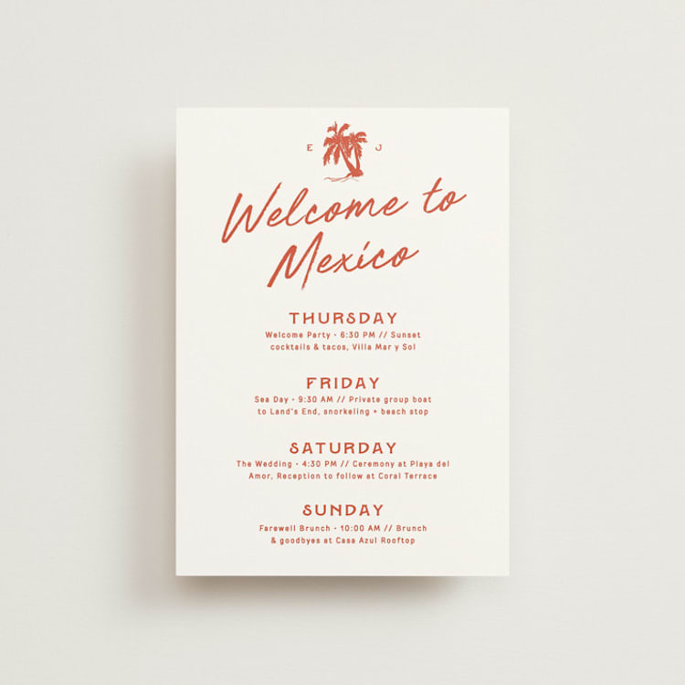 "bienvenida" - Wedding Weekend Itinerary Cards in Tomato by Inkblot Design - Front