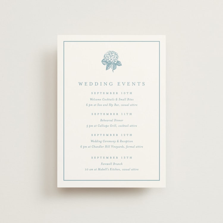"Hydrangea bloom" - Wedding Weekend Itinerary Cards in Seaside by Stacey Meacham - Front