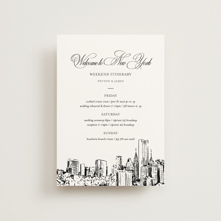 "New York Skyline" - Wedding Weekend Itinerary Cards in Noir by Melinda Denison - Front