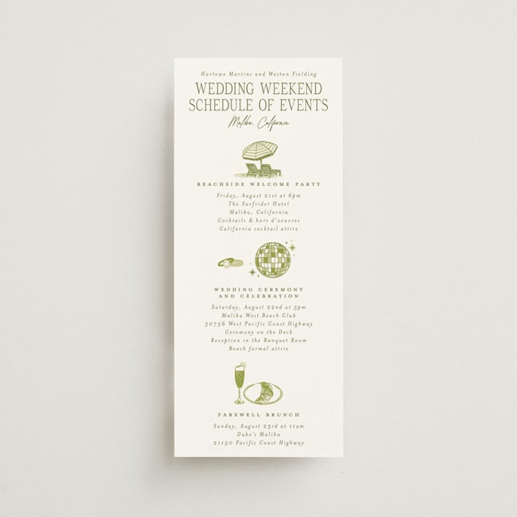 "West Coast Toile" - Wedding Weekend Itinerary Cards in Palm by Jenna Holcomb - Front