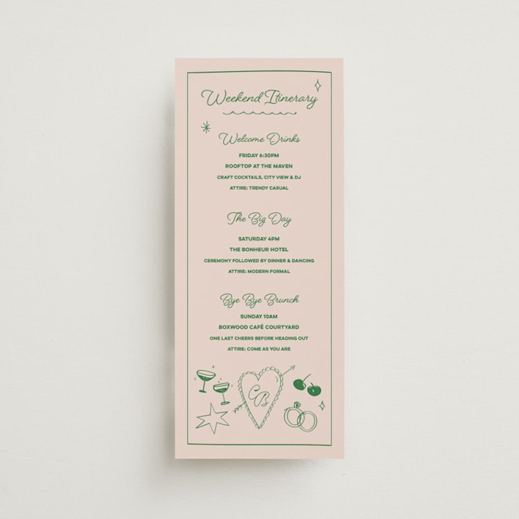 "Crazy Little Thing Called Love" - Wedding Weekend Itinerary Cards in Avocado by Helena Vitto - Front
