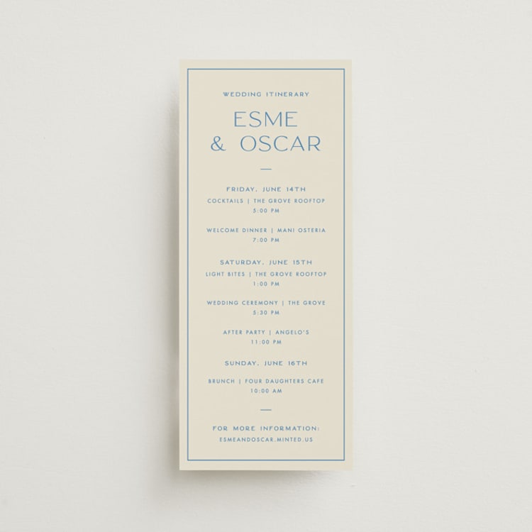"Brooklyn" - Wedding Weekend Itinerary Cards in Cerulean by Ellen Schlegelmilch - Front