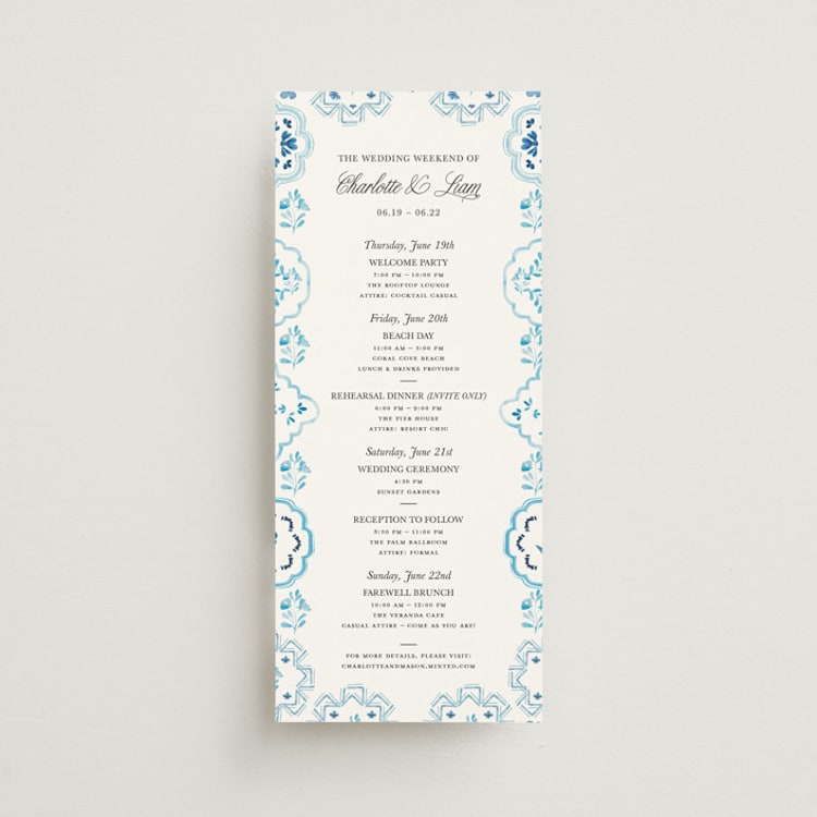 "Almafi" - Wedding Weekend Itinerary Cards in Cerulean by Itsy Belle Studio - Front