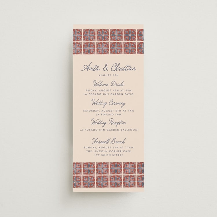 "Block Print Tile" - Wedding Weekend Itinerary Cards in Terracotta by Katharine Watson - Front