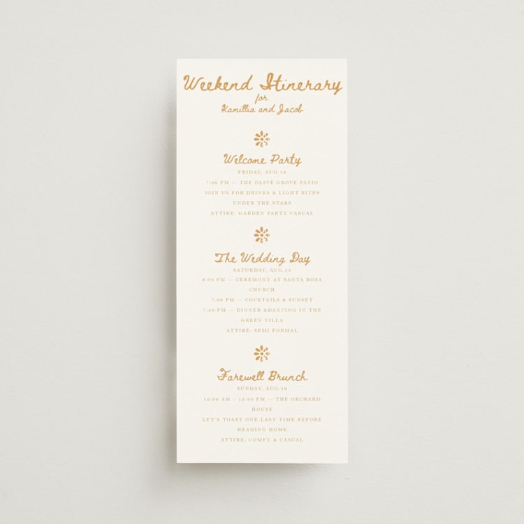 "Tribal Rythm" - Wedding Weekend Itinerary Cards in Amber by Selima Akhter - Front