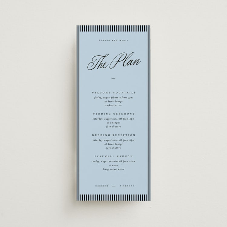 "Tarte Tatin" - Wedding Weekend Itinerary Cards in Sky by Blustery August - Front