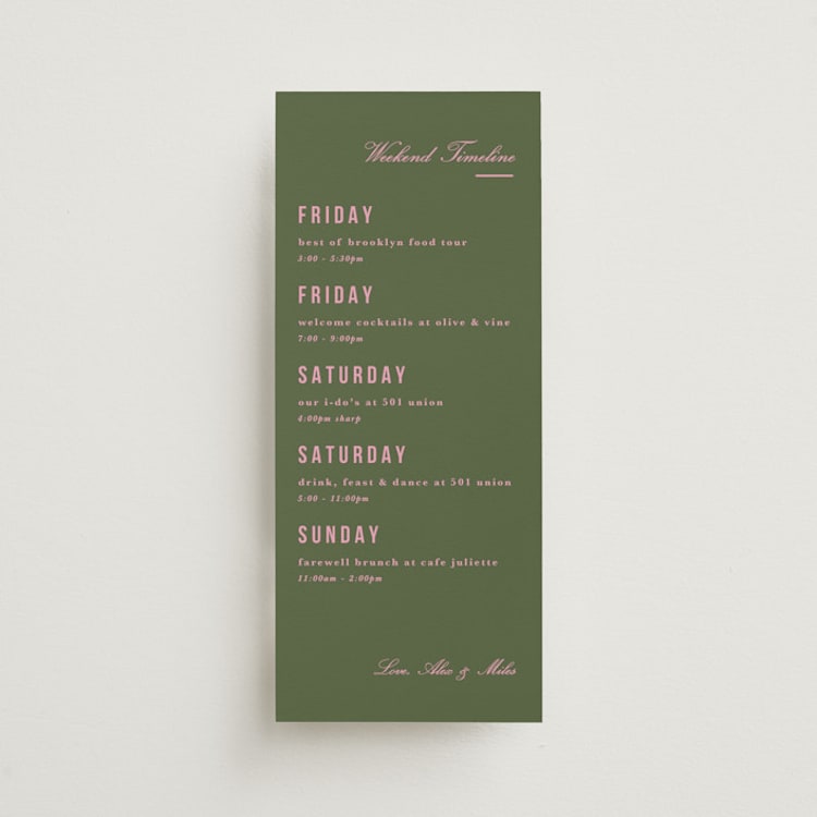 "Bowery" - Wedding Weekend Itinerary Cards in Olive by Kristie Kern - Front