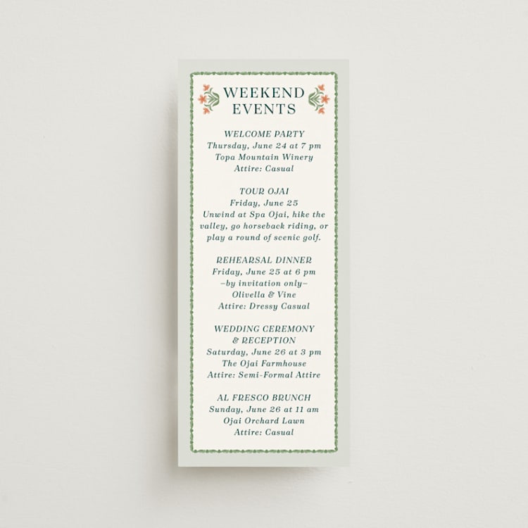 "River Valley" - Wedding Weekend Itinerary Cards in Pine by Paper Sun Studio - Front