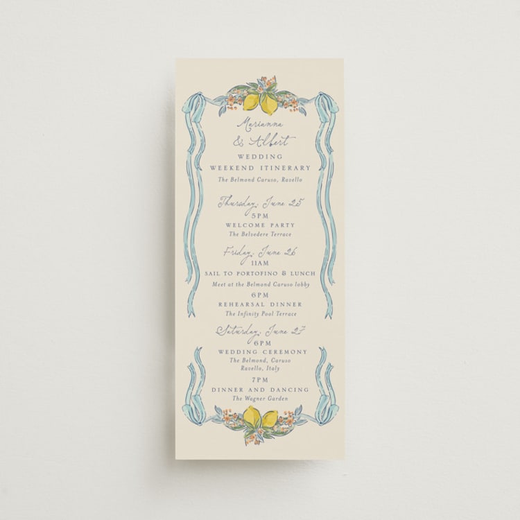 "Amalfi Coast Wedding" - Wedding Weekend Itinerary Cards in Aqua by Chris Griffith - Front