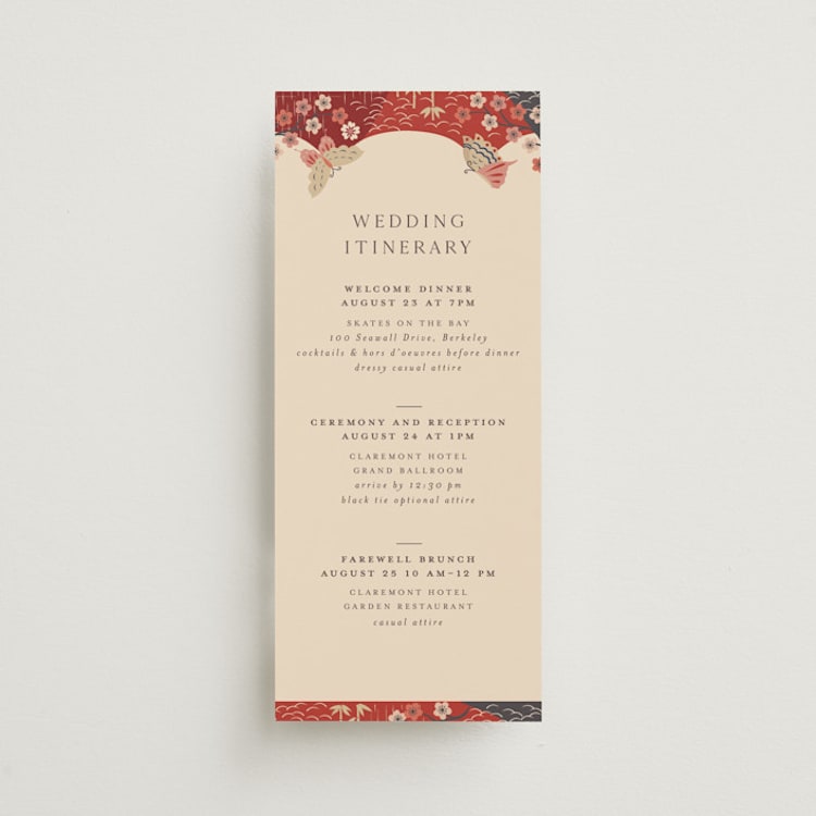 "Japanese Textile" - Wedding Weekend Itinerary Cards in Rose by Jennifer Holbrook - Front