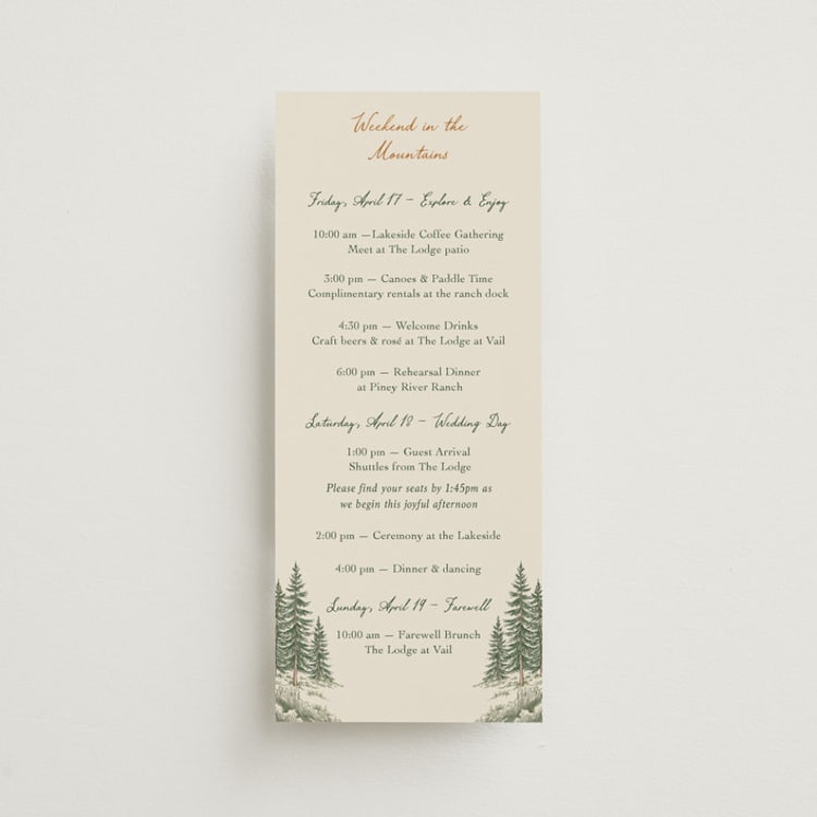 "Whispering Pines" - Wedding Weekend Itinerary Cards in Forest by Elly - Front