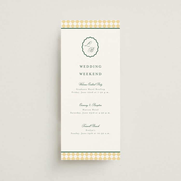 "Curved Frame" - Wedding Weekend Itinerary Cards in Citrine by Emily Betts - Front