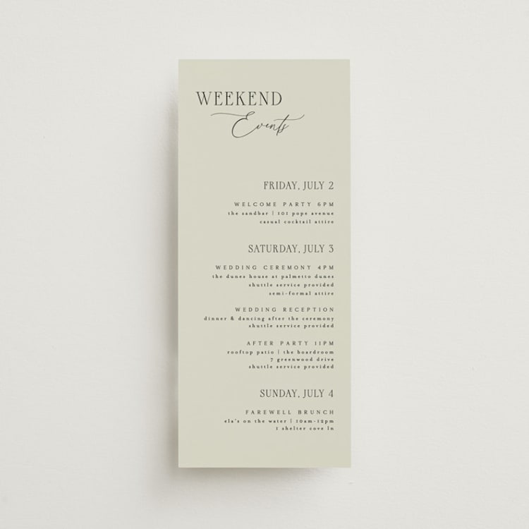 "Scripted Initials" - Wedding Weekend Itinerary Cards in Spring by Kelly Schmidt - Front