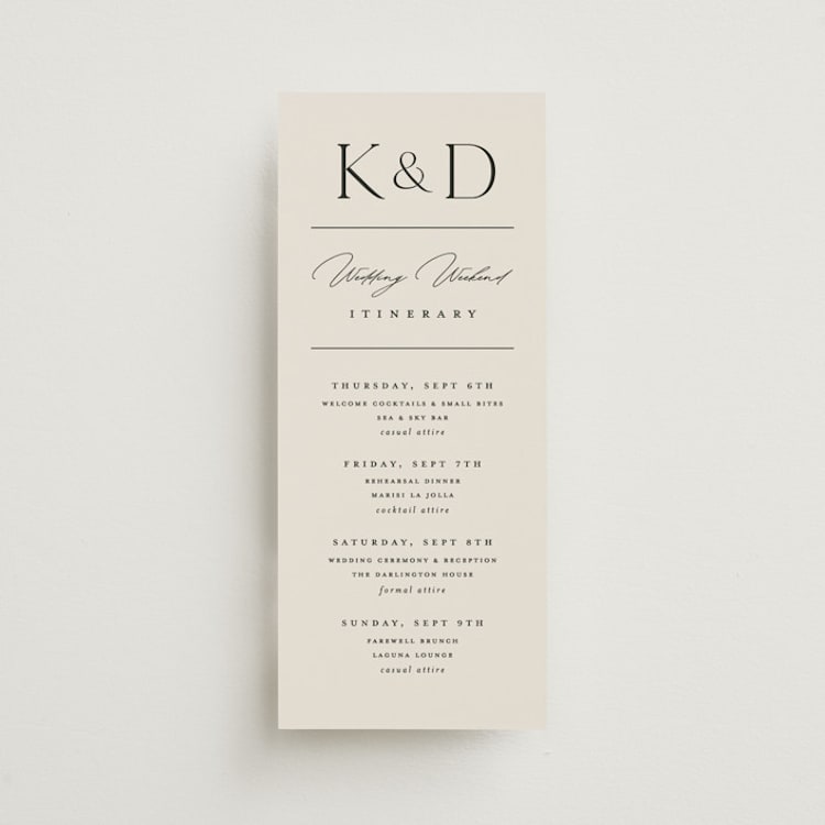 "Modern Monogram" - Wedding Weekend Itinerary Cards in Ecru by Erica Krystek - Front