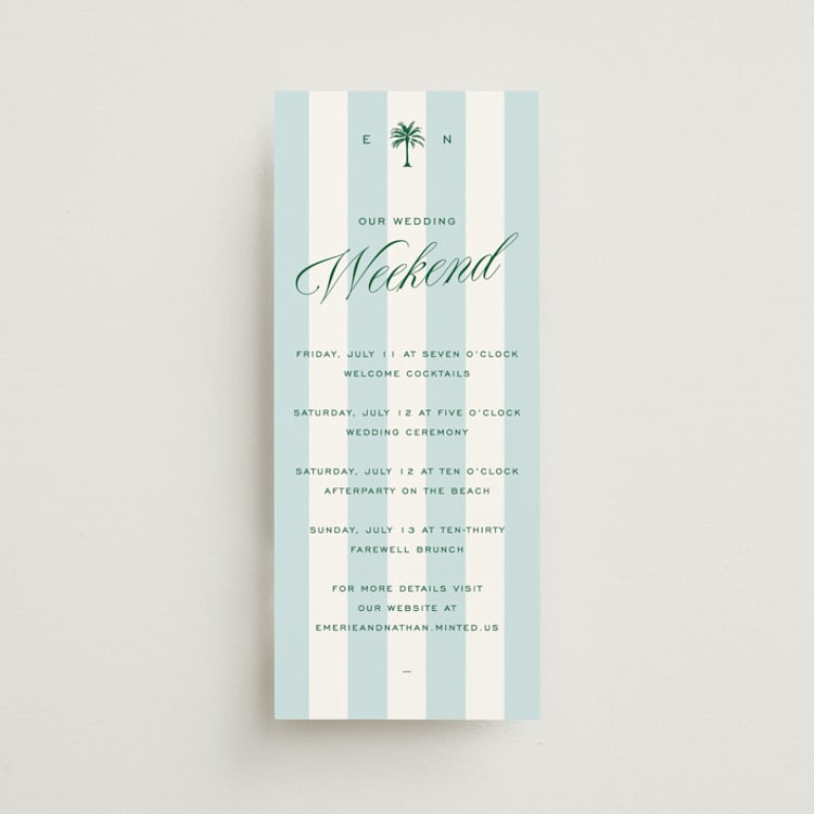 "Palm Stripes" - Wedding Weekend Itinerary Cards in Low Tide by Susan Zinader - Front