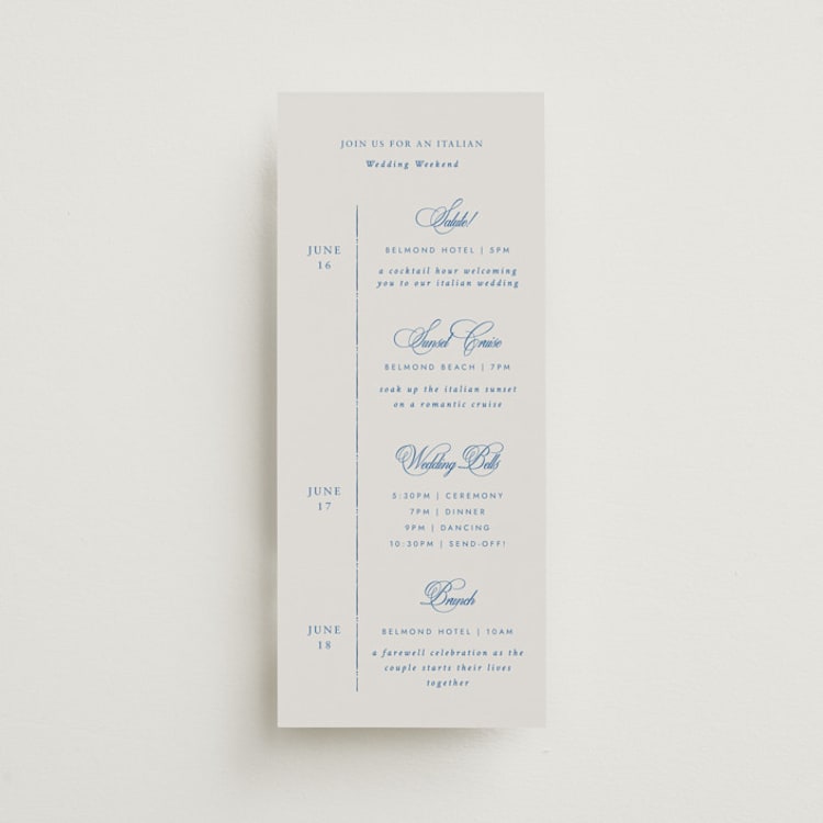 "Amalfi Blue" - Wedding Weekend Itinerary Cards in Blue Mist by Design Lotus - Front