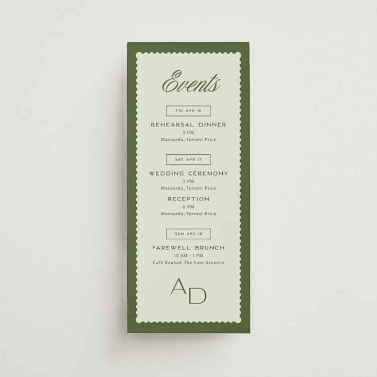 "Swoon" - Wedding Weekend Itinerary Cards in Lemongrass by Sam Dubeau - Front