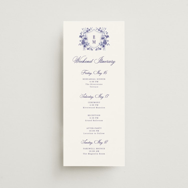 "Blooming Crest" - Wedding Weekend Itinerary Cards in Plum by Cass Loh - Front