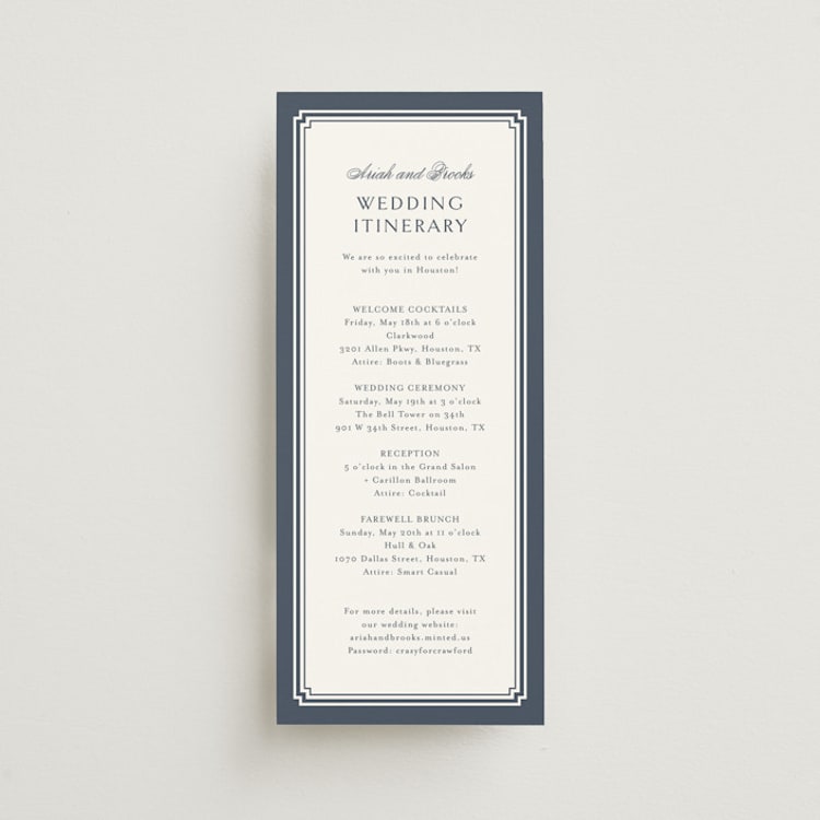 "Ariah" - Wedding Weekend Itinerary Cards in French Blue by Jennifer Postorino - Front