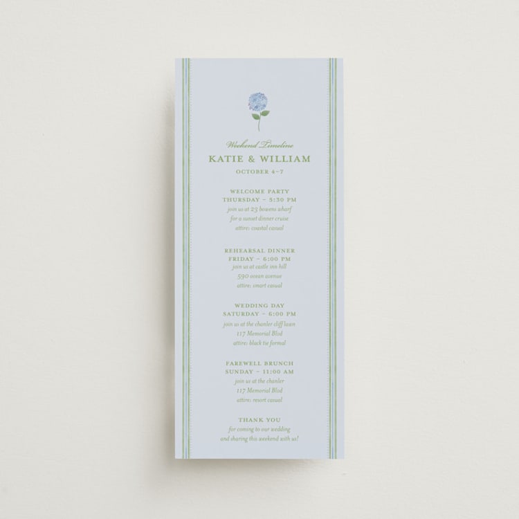 "Hydrangea Vines" - Wedding Weekend Itinerary Cards in Coastal by Madhvi Samimi - Front