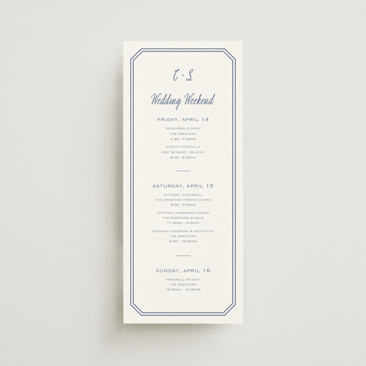 "Deluxe" - Wedding Weekend Itinerary Cards in Blueberry by Carolyn MacLaren - Front