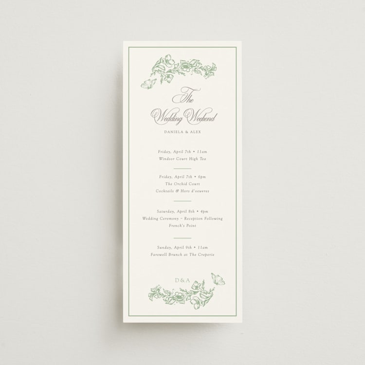 "Romantic Garden" - Wedding Weekend Itinerary Cards in Mint by Melinda Denison - Front