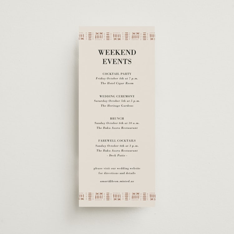 "Amari" - Wedding Weekend Itinerary Cards in Ivory by Oma N. Ramkhelawan - Front