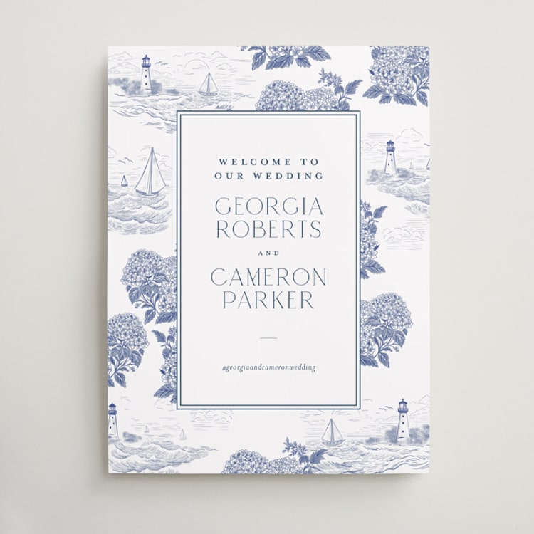 "Coastal Toile" - Welcome Signs in Periwinkle by Jenna Holcomb - Front