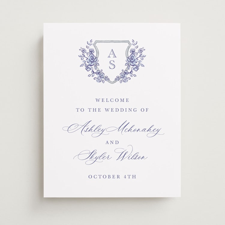 "watercolor flowers crest" - Welcome Signs in Dusty Blue by Cass Loh - Front