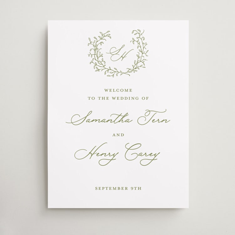 "Garden Script" - Welcome Signs in Pistachio by Katherine Moynagh - Front