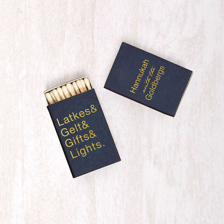 "Custom Latkes & Gelt & Gifts & Lights Matchbox, set of 100" - Matchbooks and Matches in blue by ForYourParty