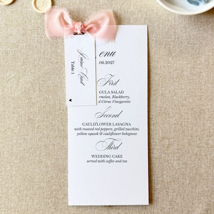 "Blush Pink Wedding Menus with Name Cards | Set Of 10" - Menus in pink by Cotton and Bow