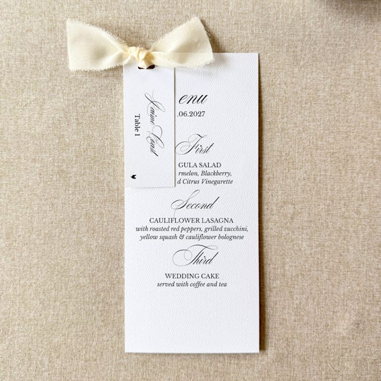 "Ivory Wedding Menus with Place Cards | Set Of 10" - Menus in white by Cotton and Bow