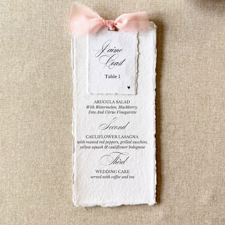 "Blush Pink Shower Menus with Name Cards | Handmade paper | Set Of 10" - Menus in pink by Cotton and Bow